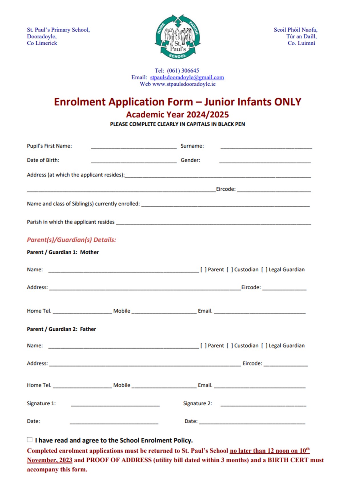 Junior Infants Enrolment Form